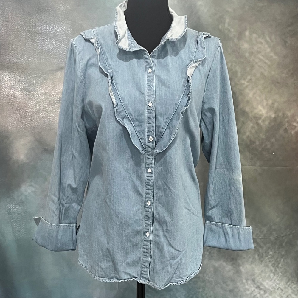 Chelsea & Violet Womens Light Wash Denim Ruffle Trim Button Down Shirt Large